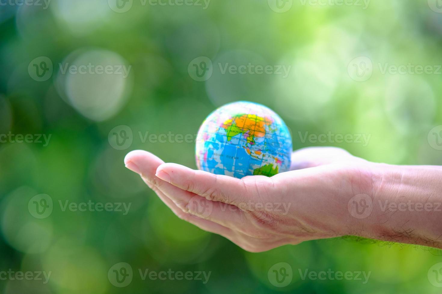 Business hand holding earth globe on green background photo