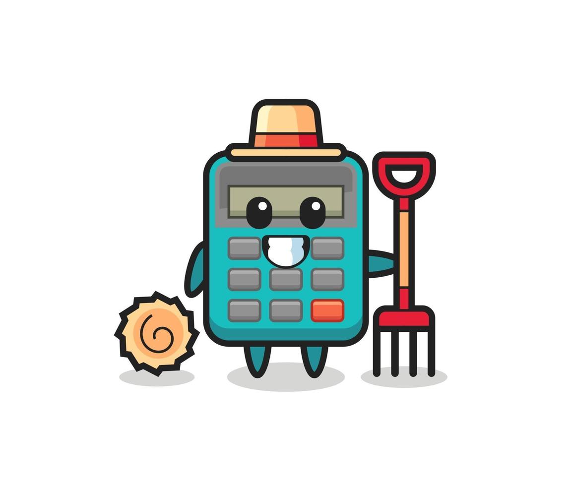 Personaje de mascota de calculadora como agricultor. vector