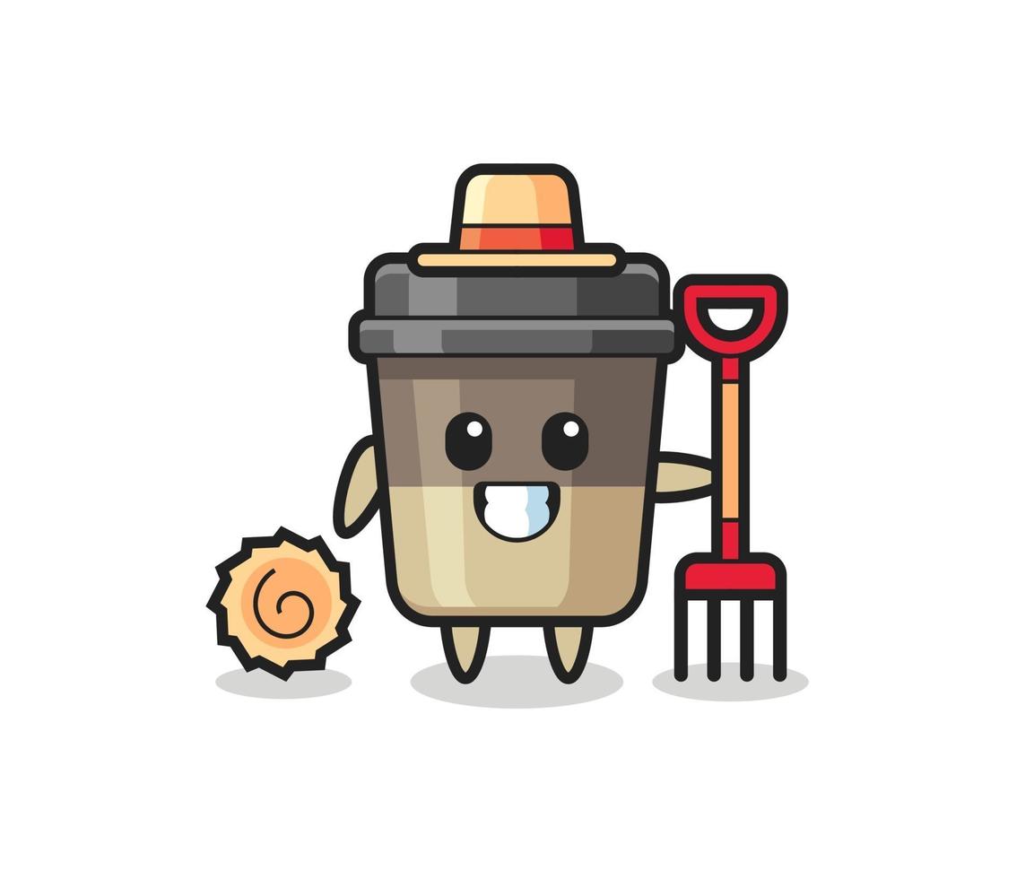 Mascot character of coffee cup as a farmer vector