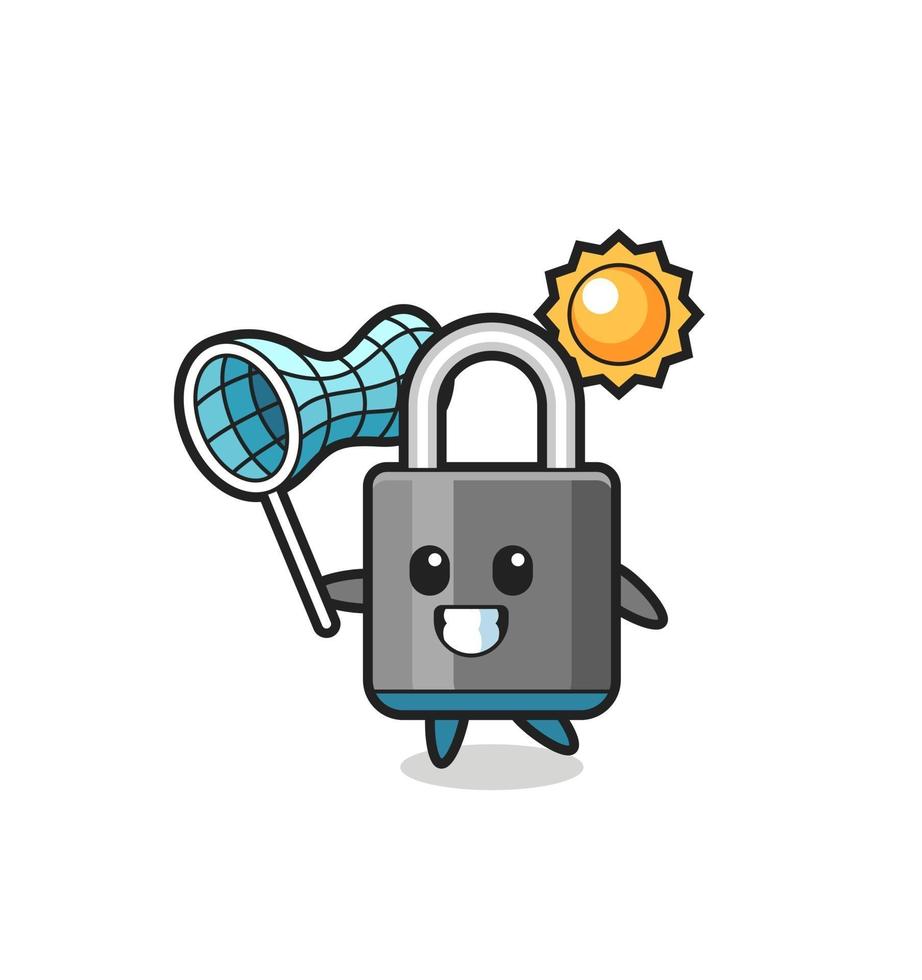 padlock mascot illustration is catching butterfly vector