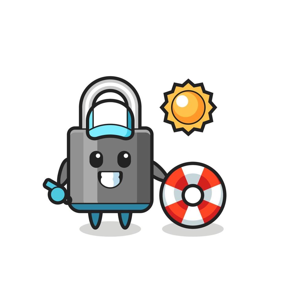 Cartoon mascot of padlock as a beach guard vector