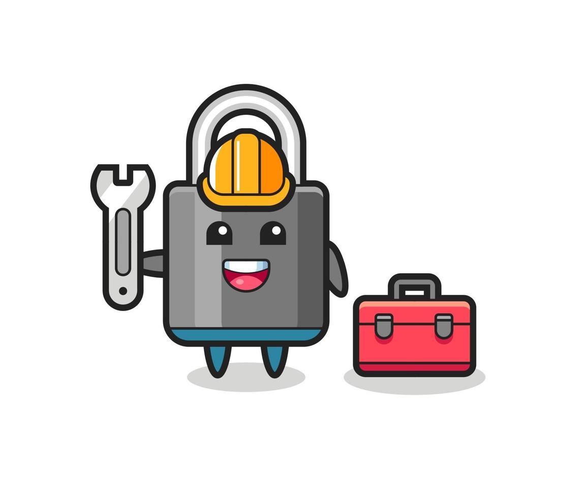 Mascot cartoon of padlock as a mechanic vector