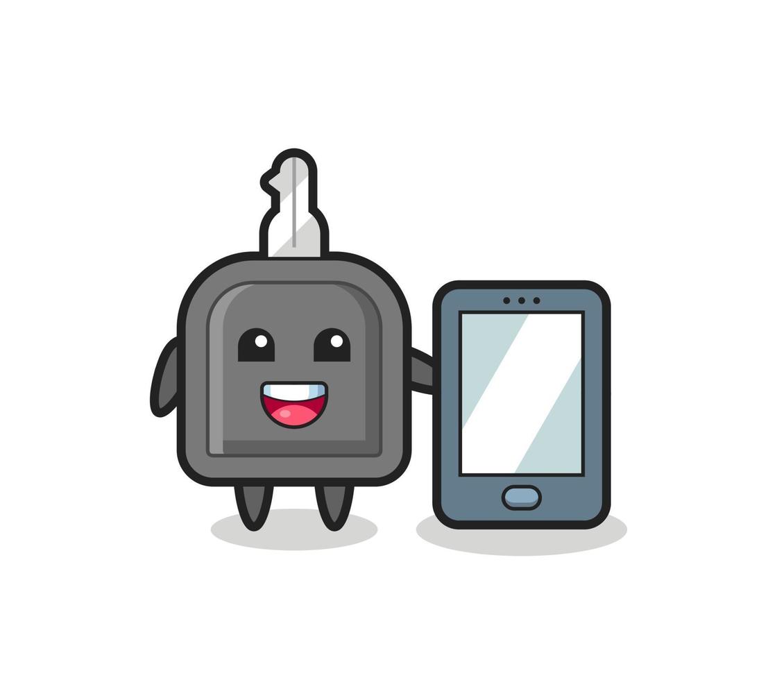 car key illustration cartoon holding a smartphone vector