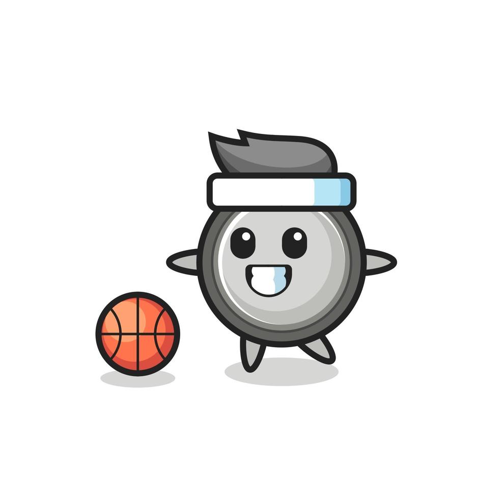 Illustration of button cell cartoon is playing basketball vector