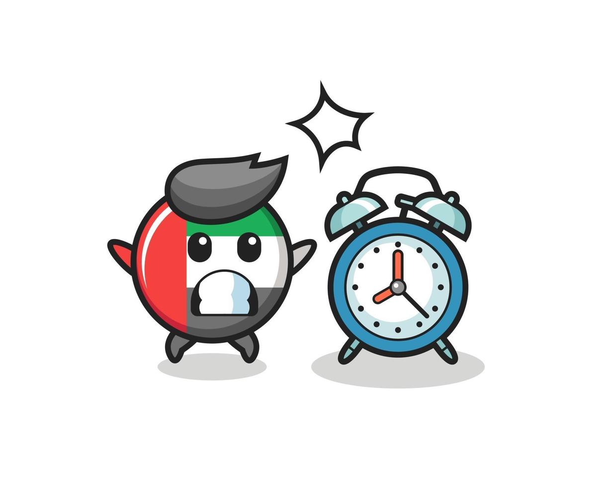 Cartoon of uae flag badge is surprised with a giant alarm clock vector