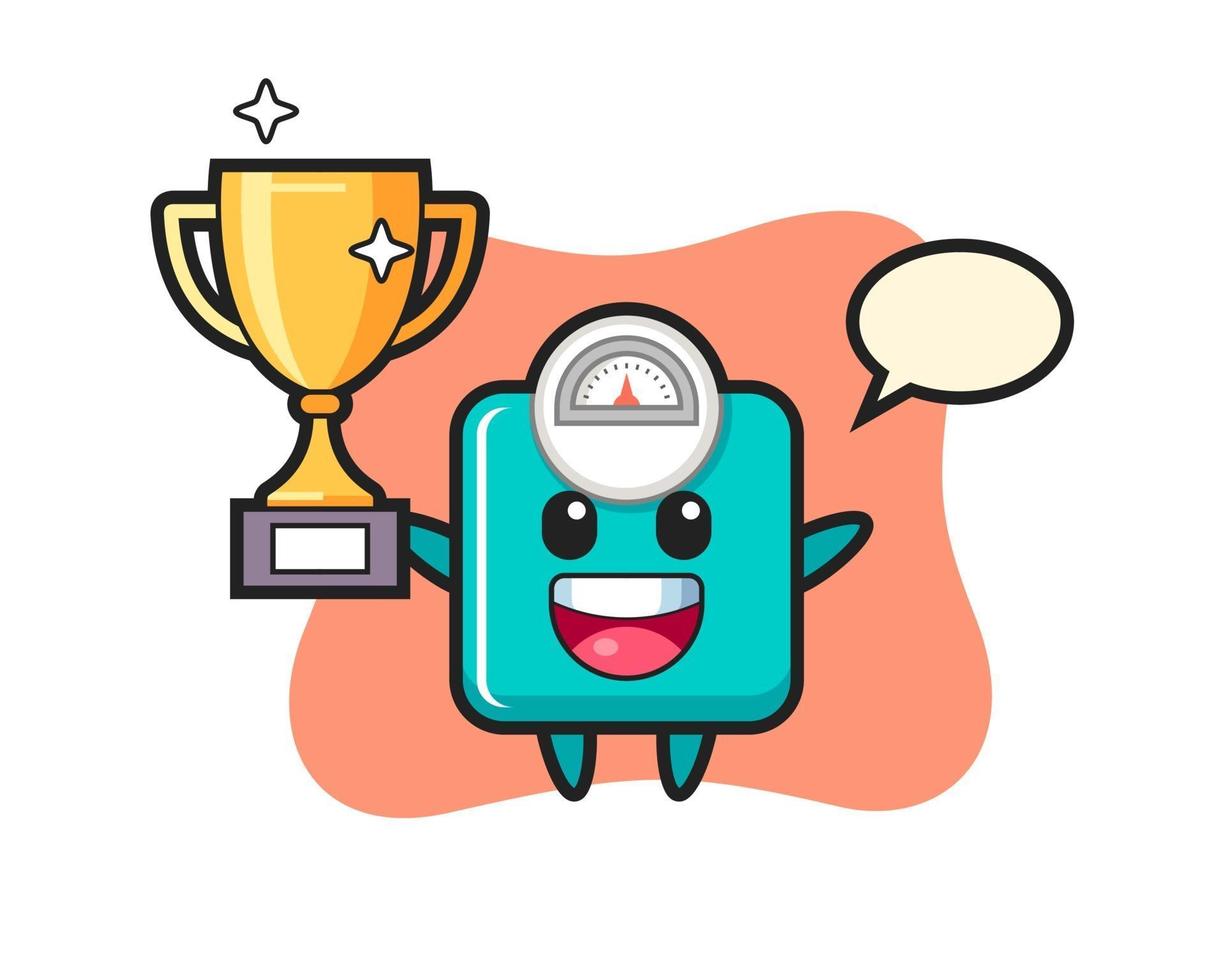 Illustration of weight scale is happy holding up the golden trophy vector