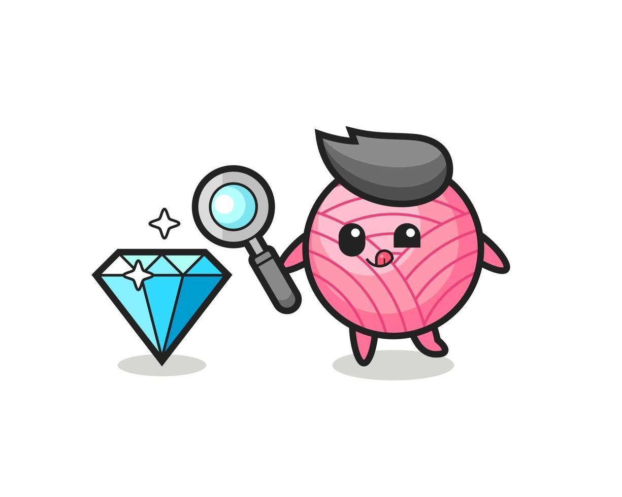 La mascota de la bola de hilo está comprobando la autenticidad de un diamante. vector