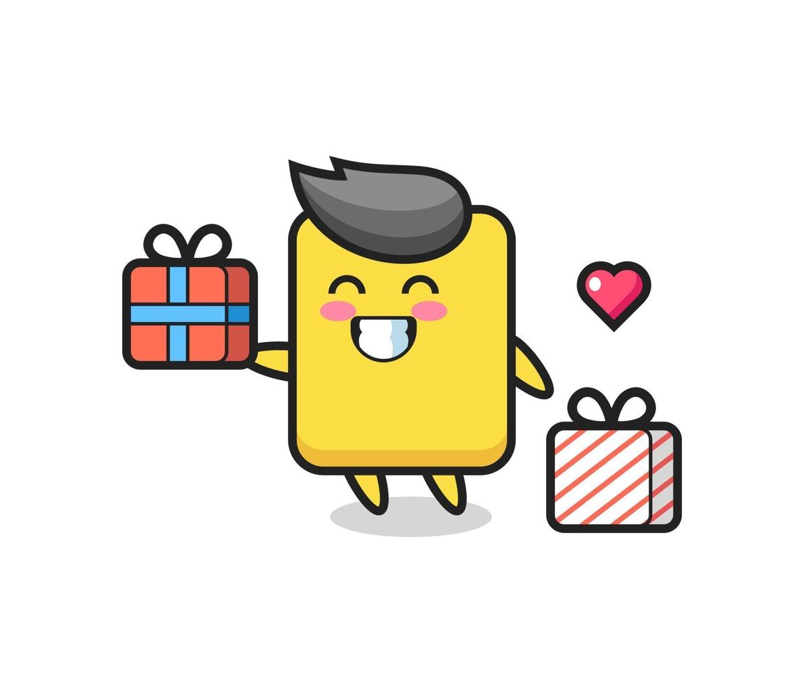 dibujos animados de la mascota de la tarjeta amarilla dando el regalo vector