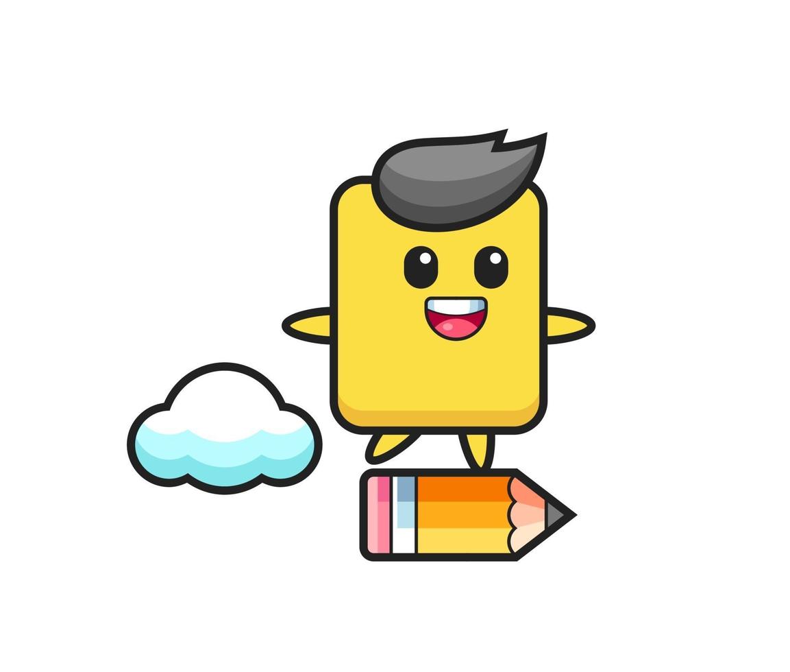 ilustración de mascota de tarjeta amarilla montada en un lápiz gigante vector