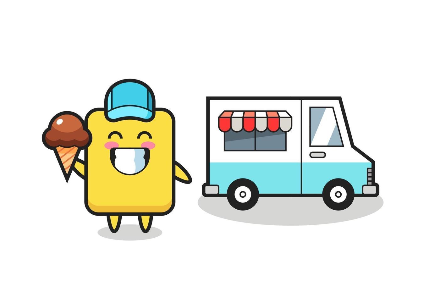 caricatura de mascota de tarjeta amarilla con camión de helados vector
