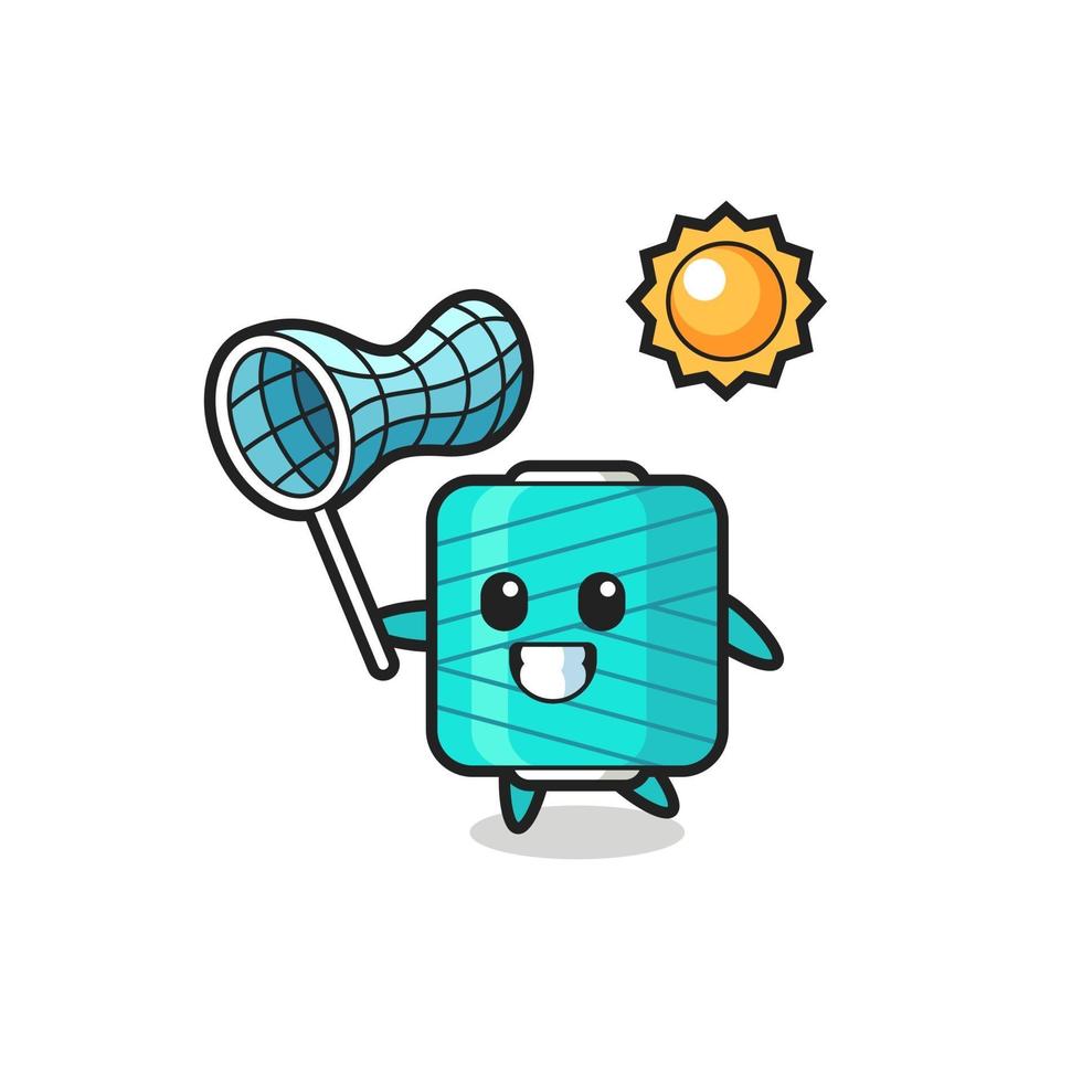 yarn spool mascot illustration is catching butterfly vector