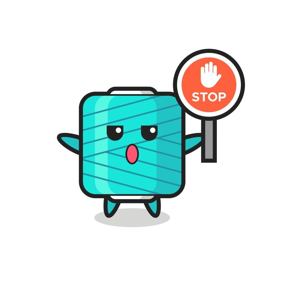 yarn spool character illustration holding a stop sign vector