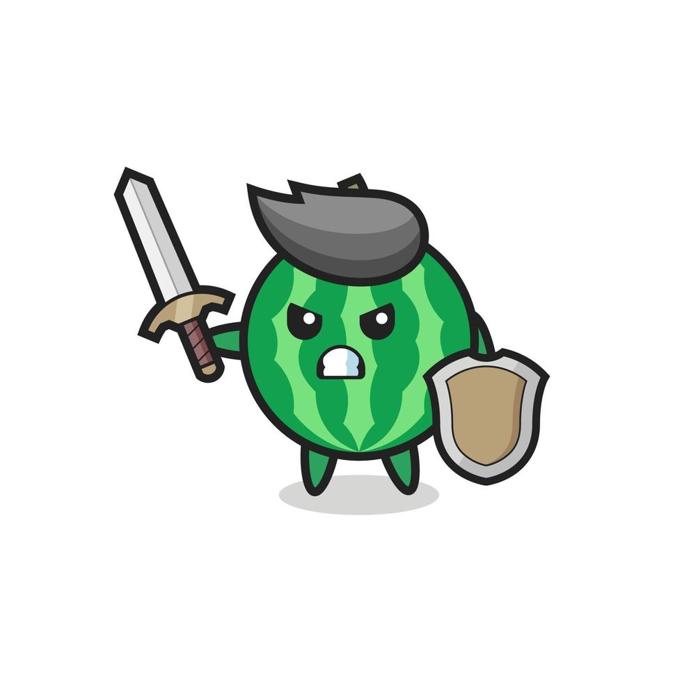 cute watermelon soldier fighting with sword and shield vector