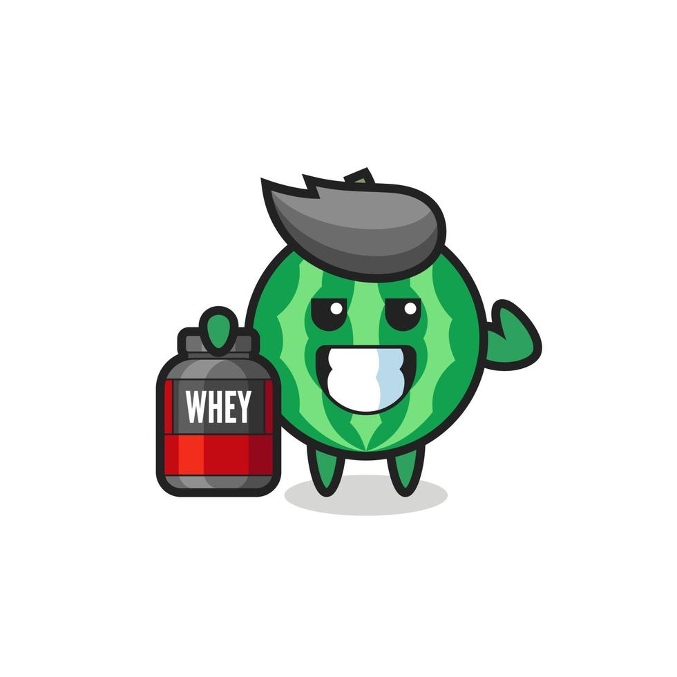 the muscular watermelon character is holding a protein supplement vector