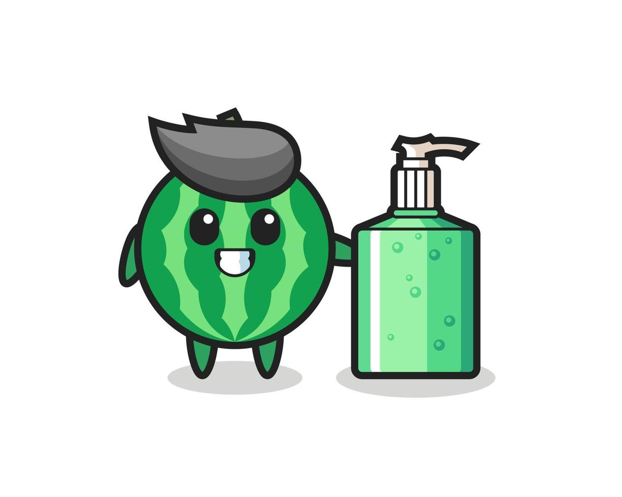 cute watermelon cartoon with hand sanitizer vector