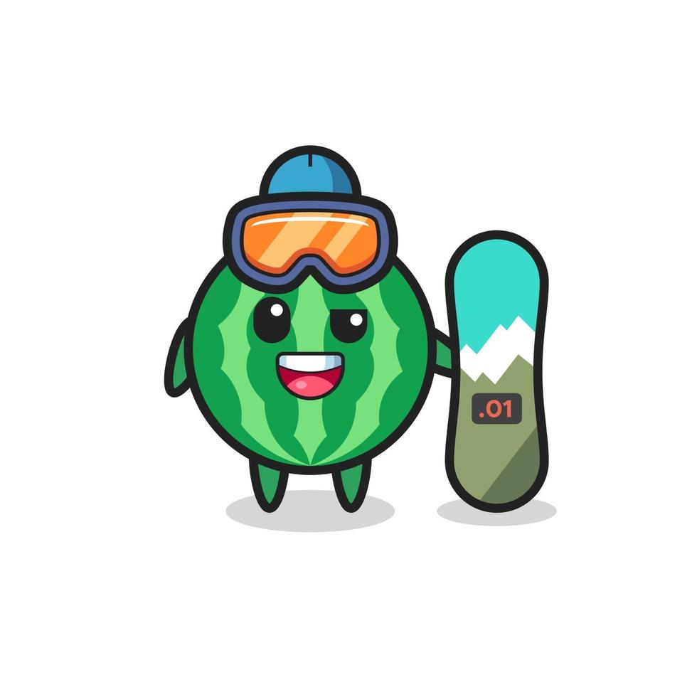 Ilustración de personaje de sandía con estilo de snowboard. vector