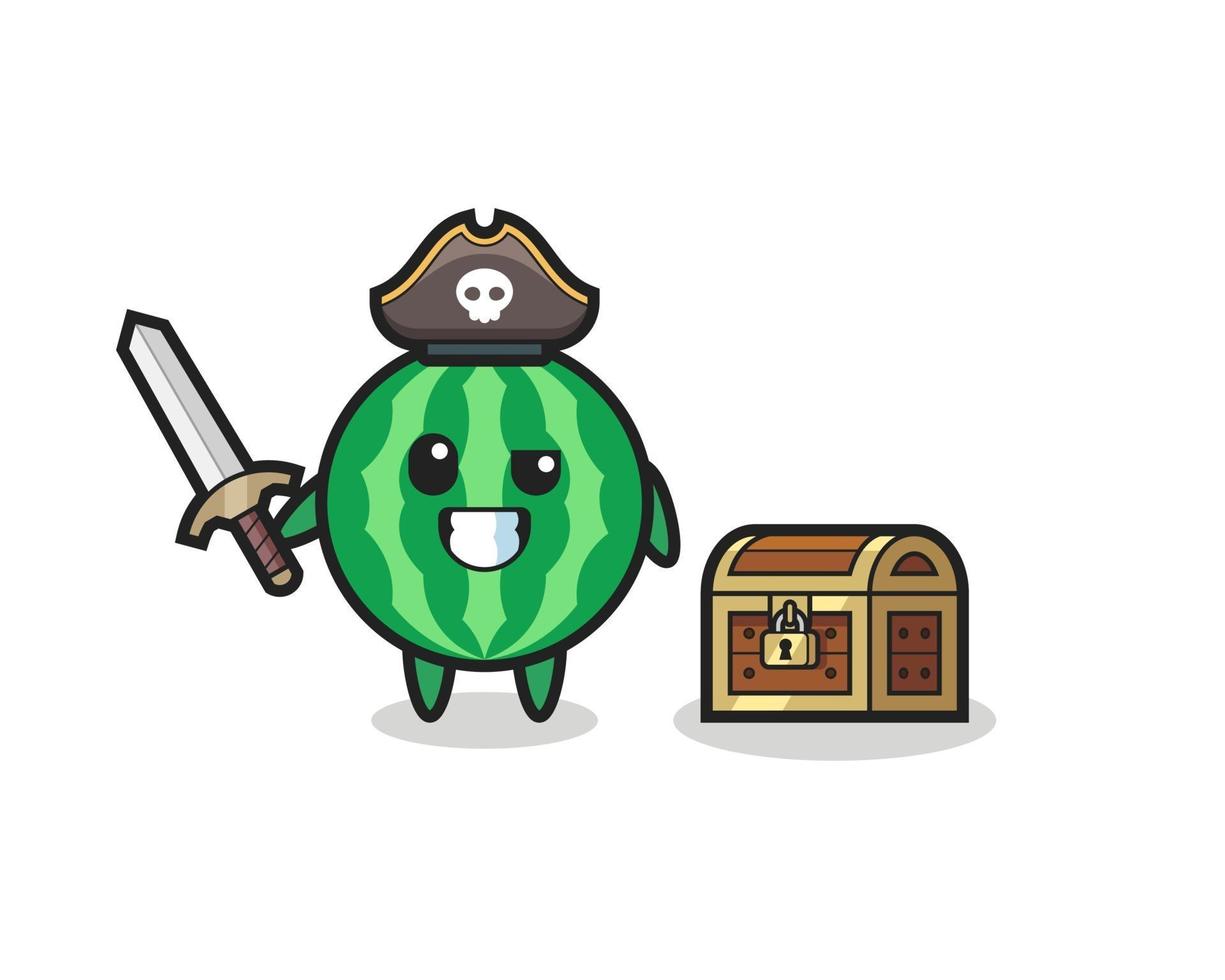 the watermelon pirate character holding sword beside a treasure box vector