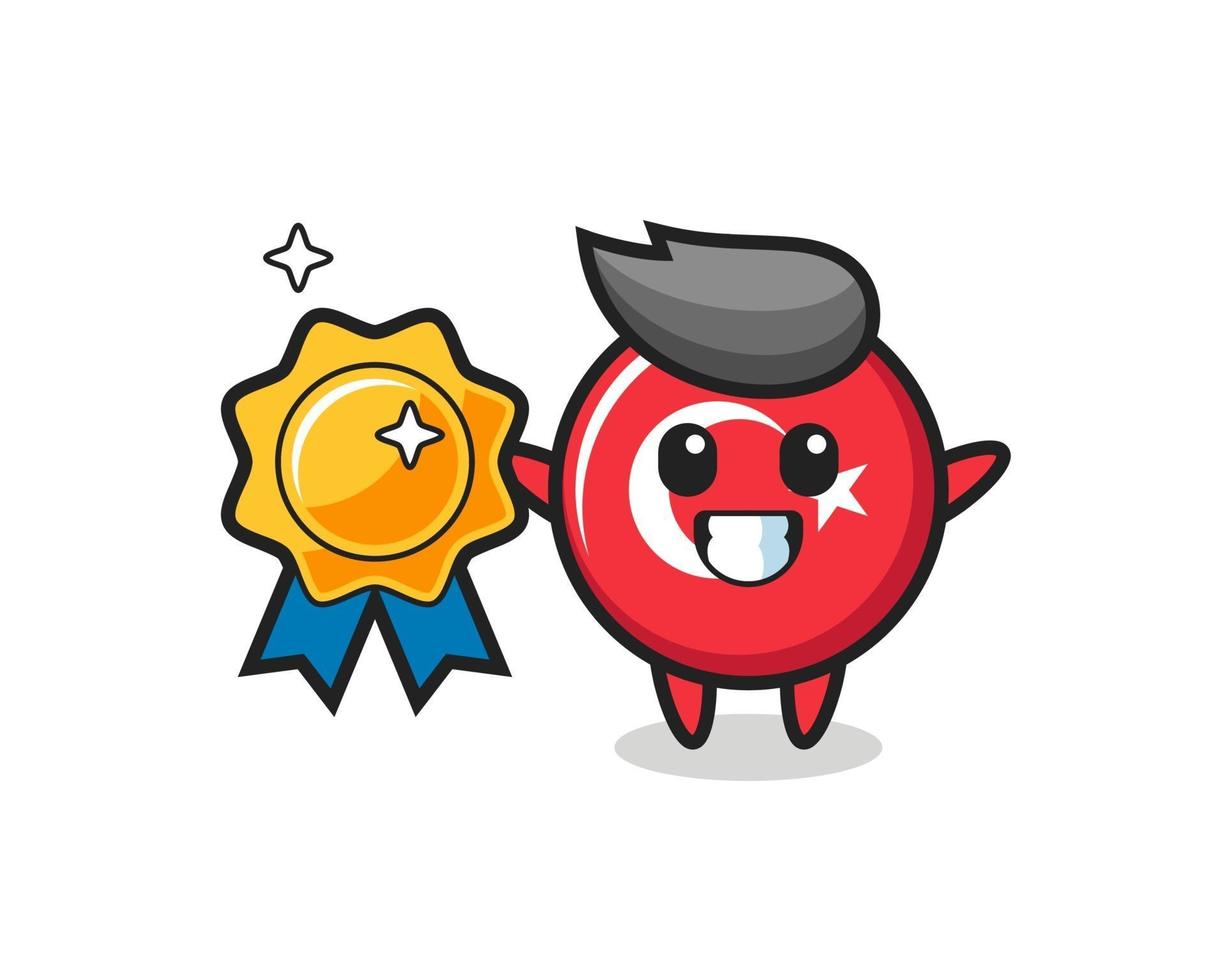 turkey flag badge mascot illustration holding a golden badge vector