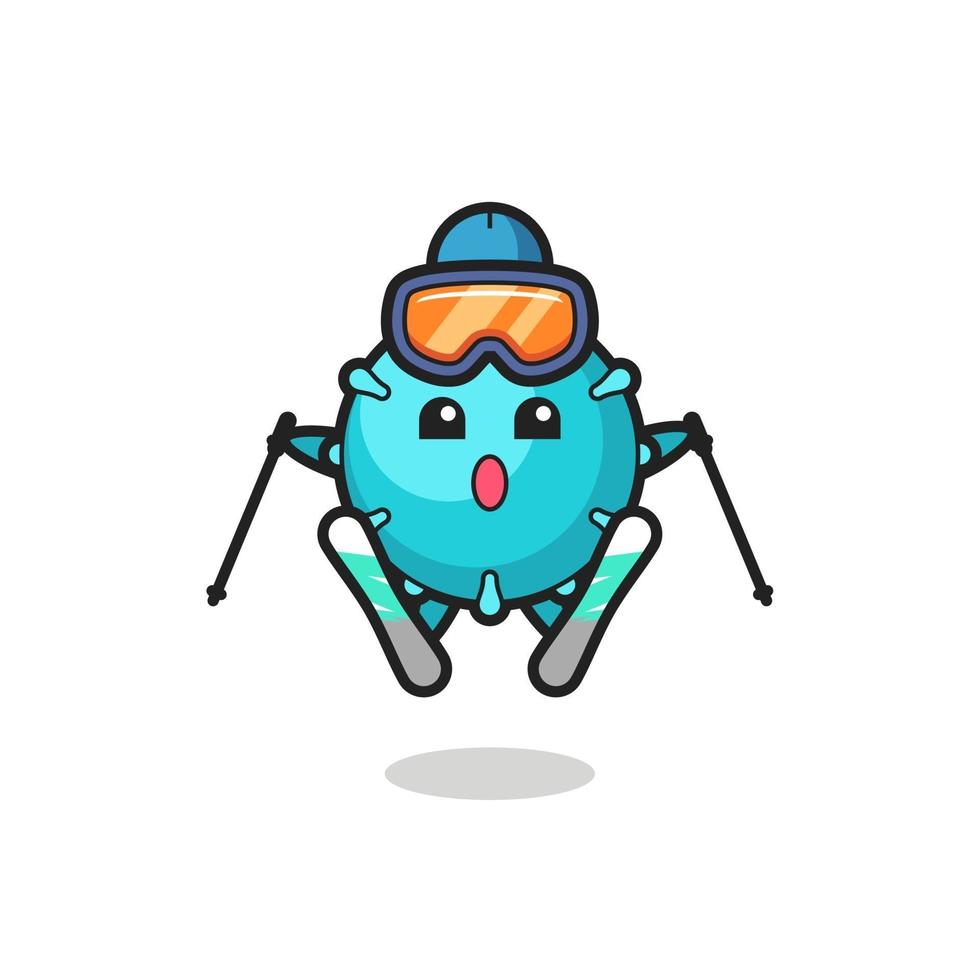 Personaje de mascota de virus como jugador de esquí. vector