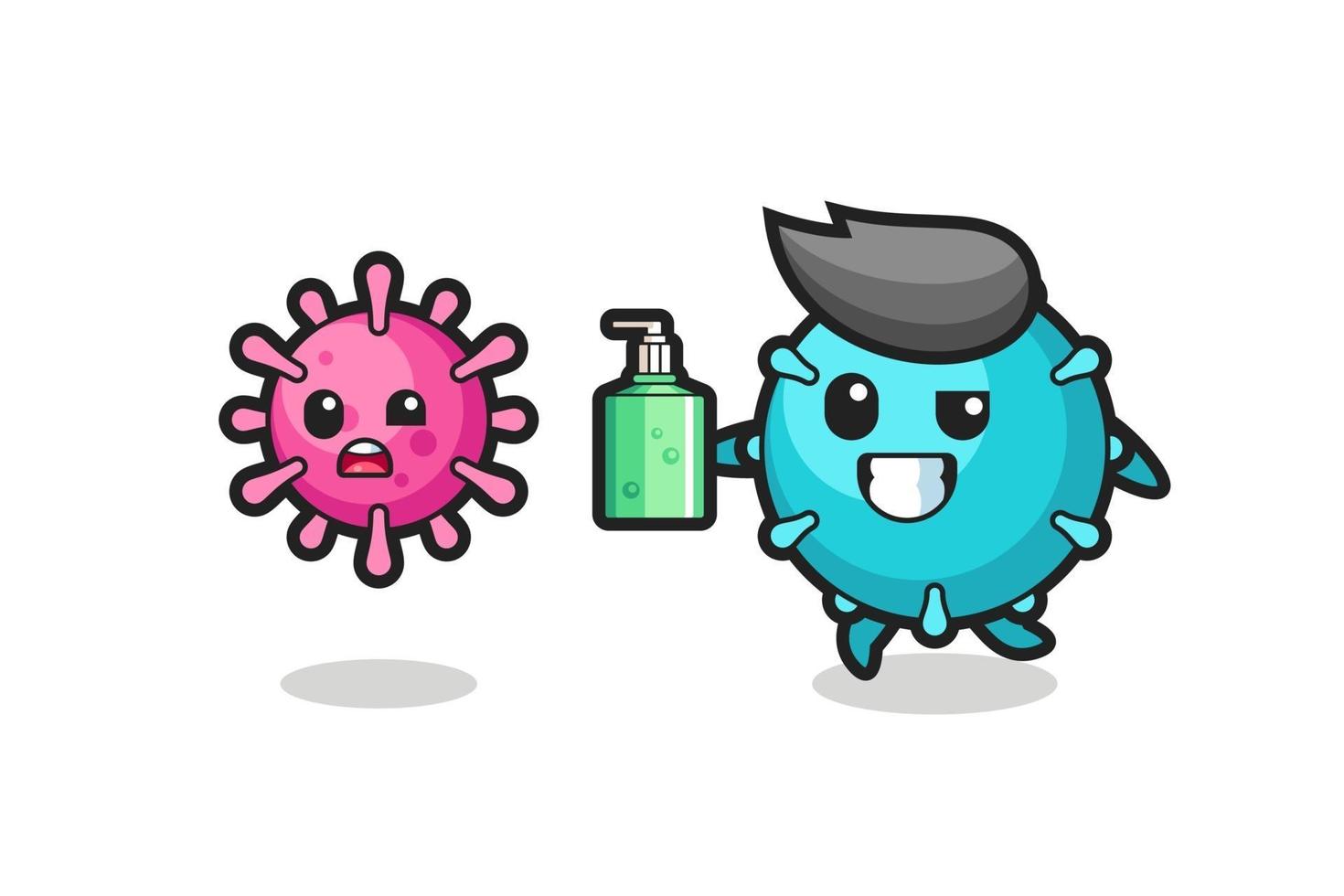 illustration of virus character chasing evil virus with hand sanitizer vector