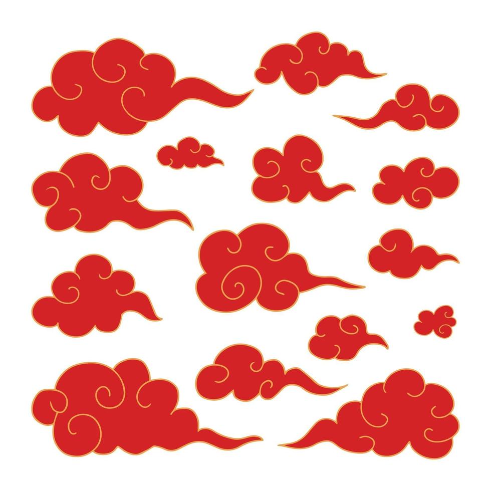 Set of traditional oriental Japanese red swirled clouds golden outline vector