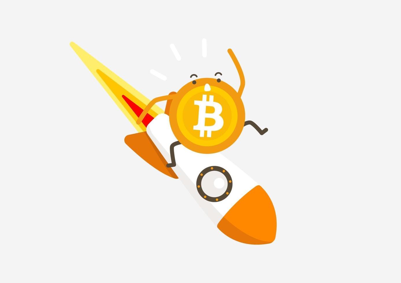 Bitcoin rocket falling down. Cryptocurrency cartoon concept. vector