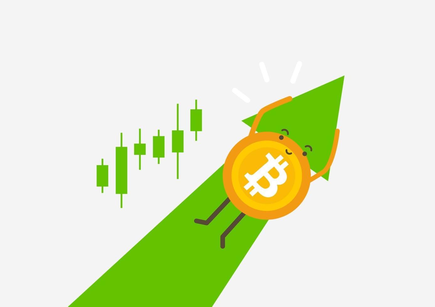 Bitcoin flying up on the sky with green arrow. vector