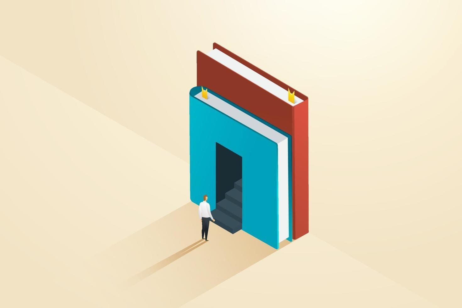 Businessman stands in front into door book. vector