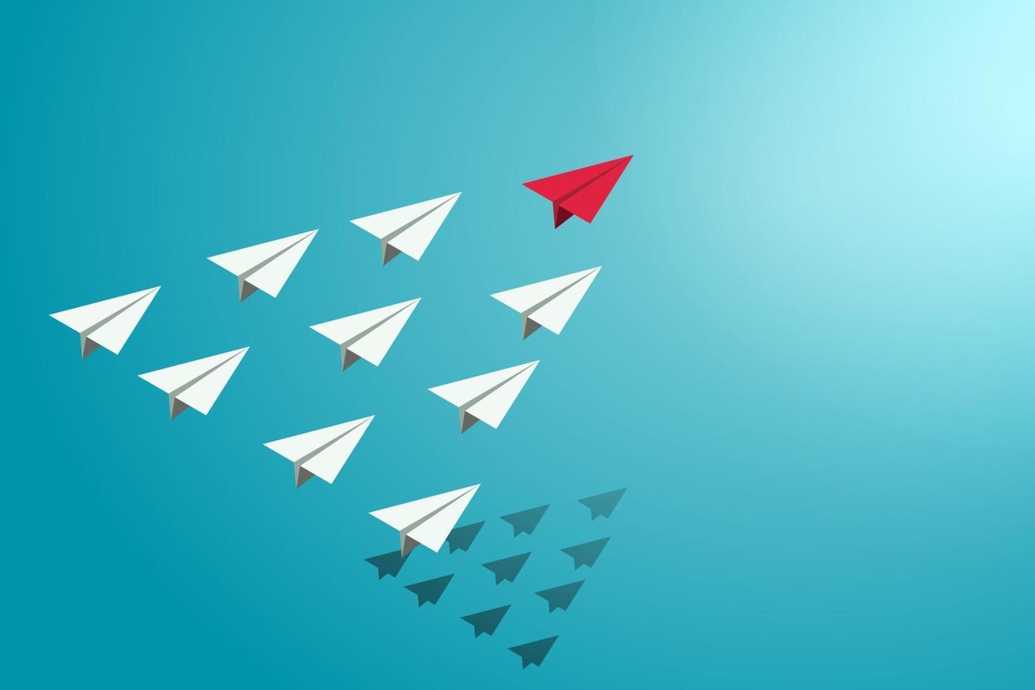 Red paper airplane leadership leads a group of white planes. vector