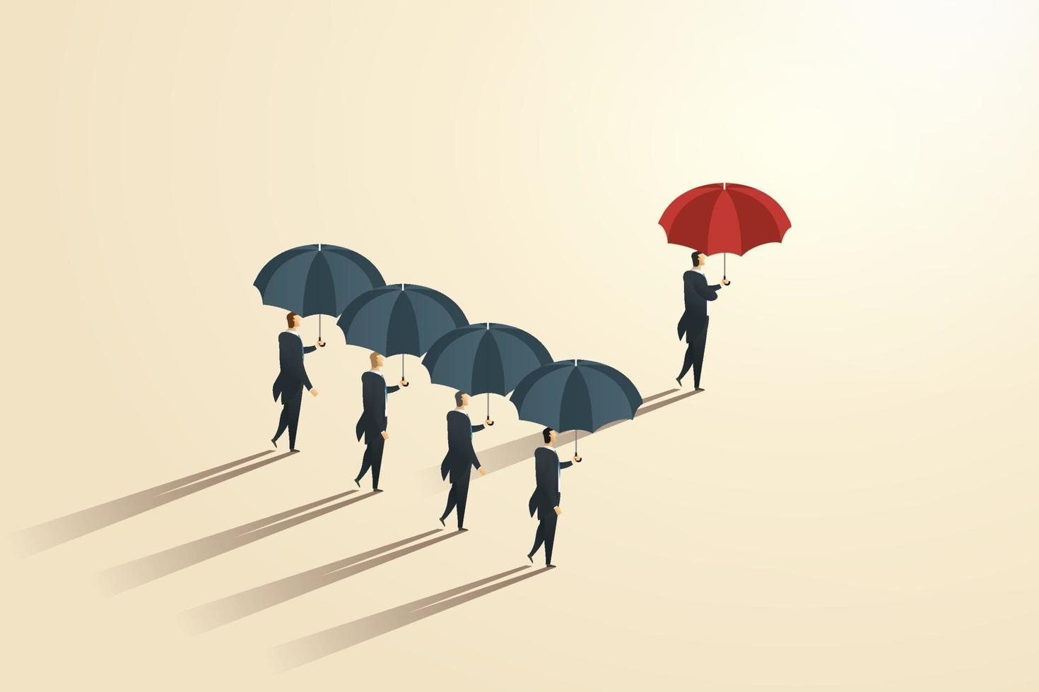 Different concept business men holding red umbrellas stand out. vector