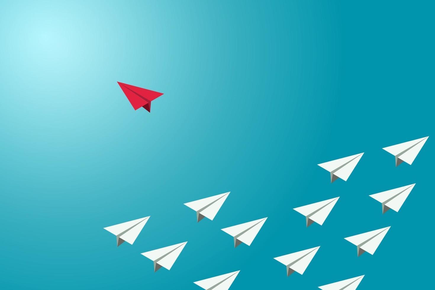 Red paper plane changed direction from a group of white planes. vector
