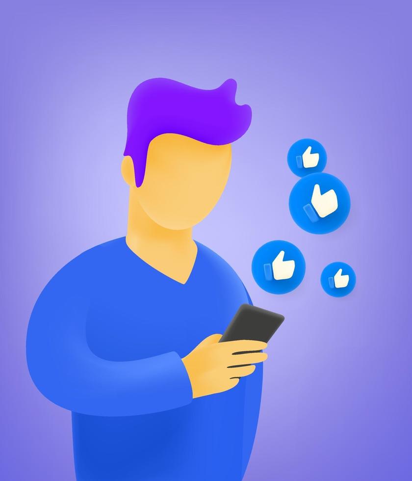 Young man using social media via modern smartphone vector