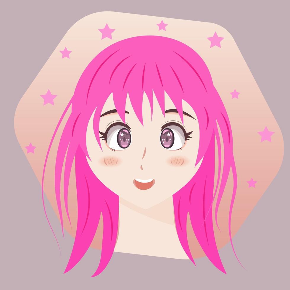 alegría, amor, emociones positivas. chica anime con cabello rosado sonriendo. vector