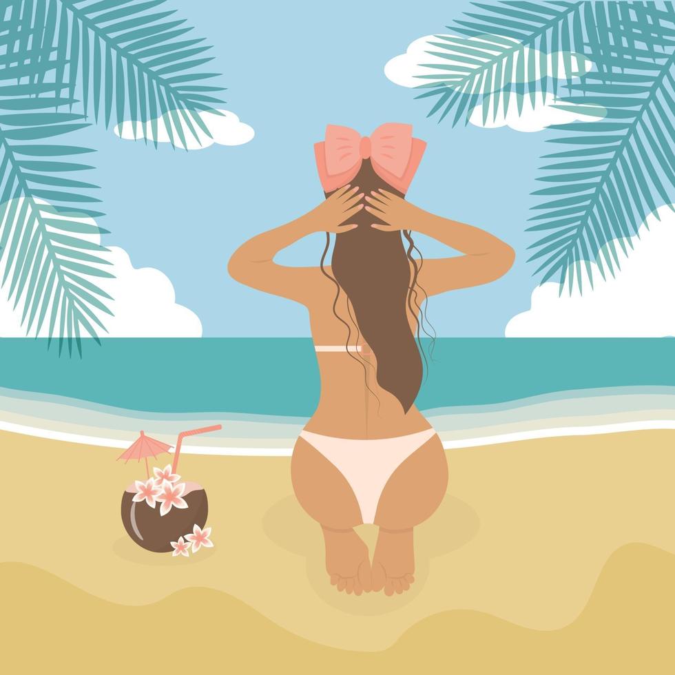 Back view of girl in swimsuit relaxing on the beach. vector