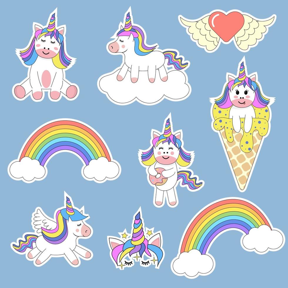 Set of Cute Cartoon Unicorns. Modern patch badges, stickers. vector