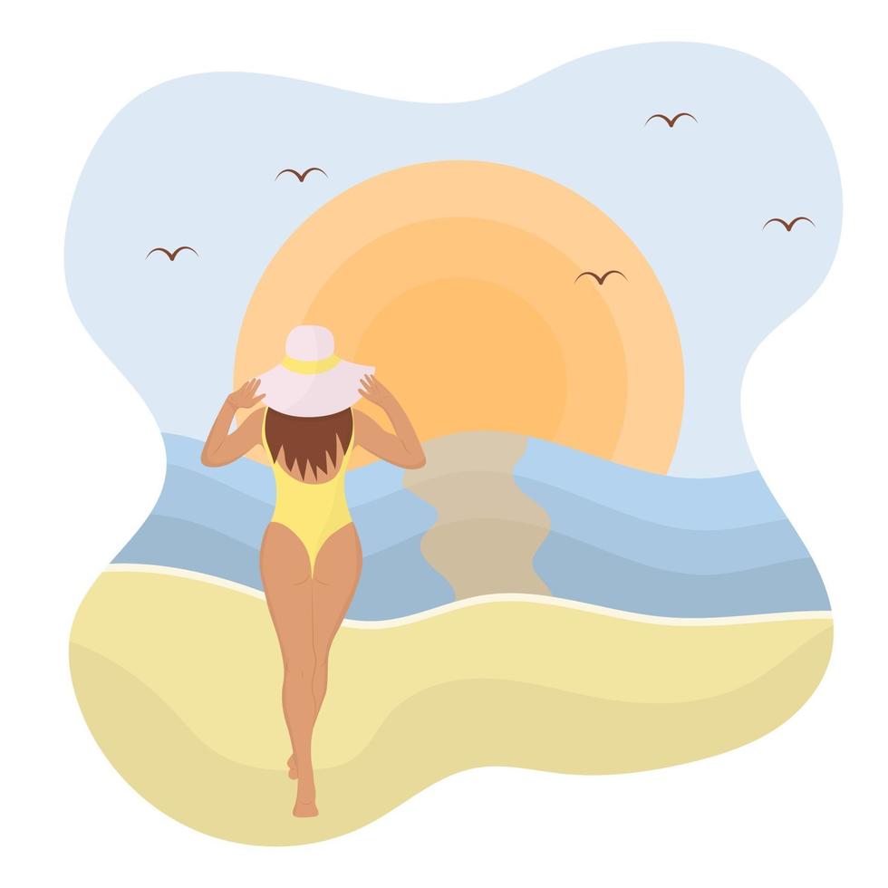 Back view of girl in swimsuit standing on beach opposite sunset. vector