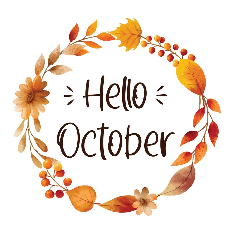 Hello october with ornate of leaves flower frame. Autumn october vector