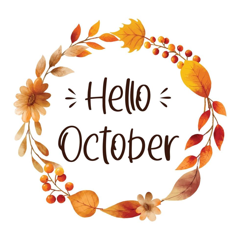 hola octubre con marco de flores adornado de hojas. octubre de otoño vector