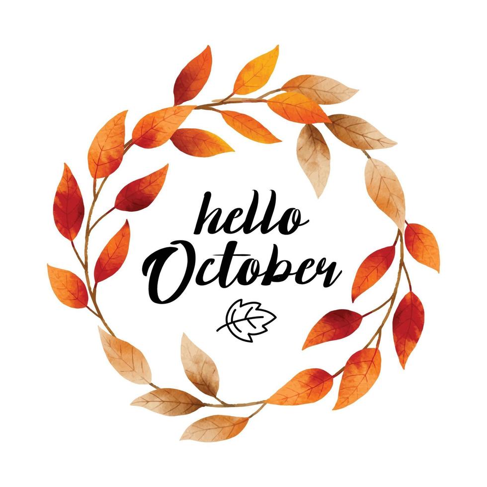 Hello october with ornate of leaves flower frame. Autumn october vector