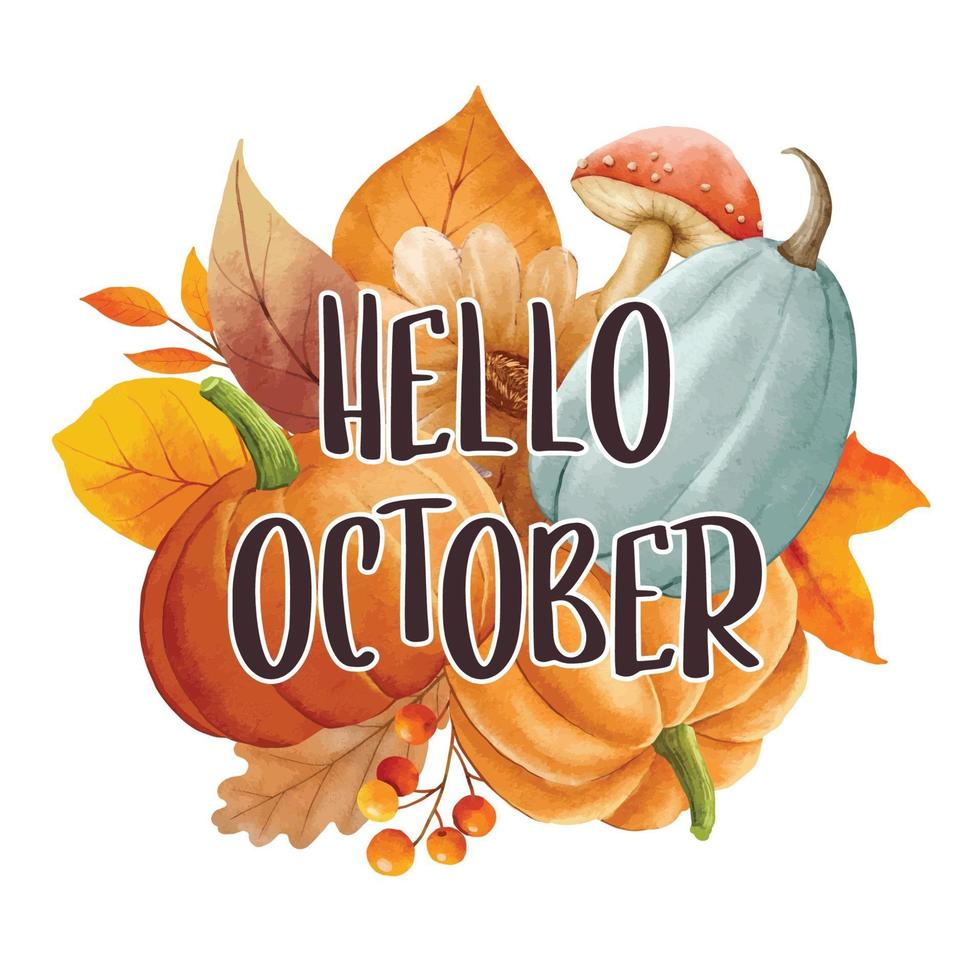 Hello october with ornate of leaves flower background. Autumn october vector