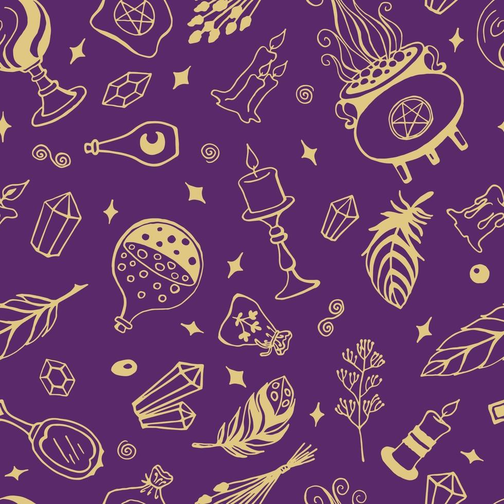 Seamless pattern with hand drawn magic tools. Witchcraft background vector