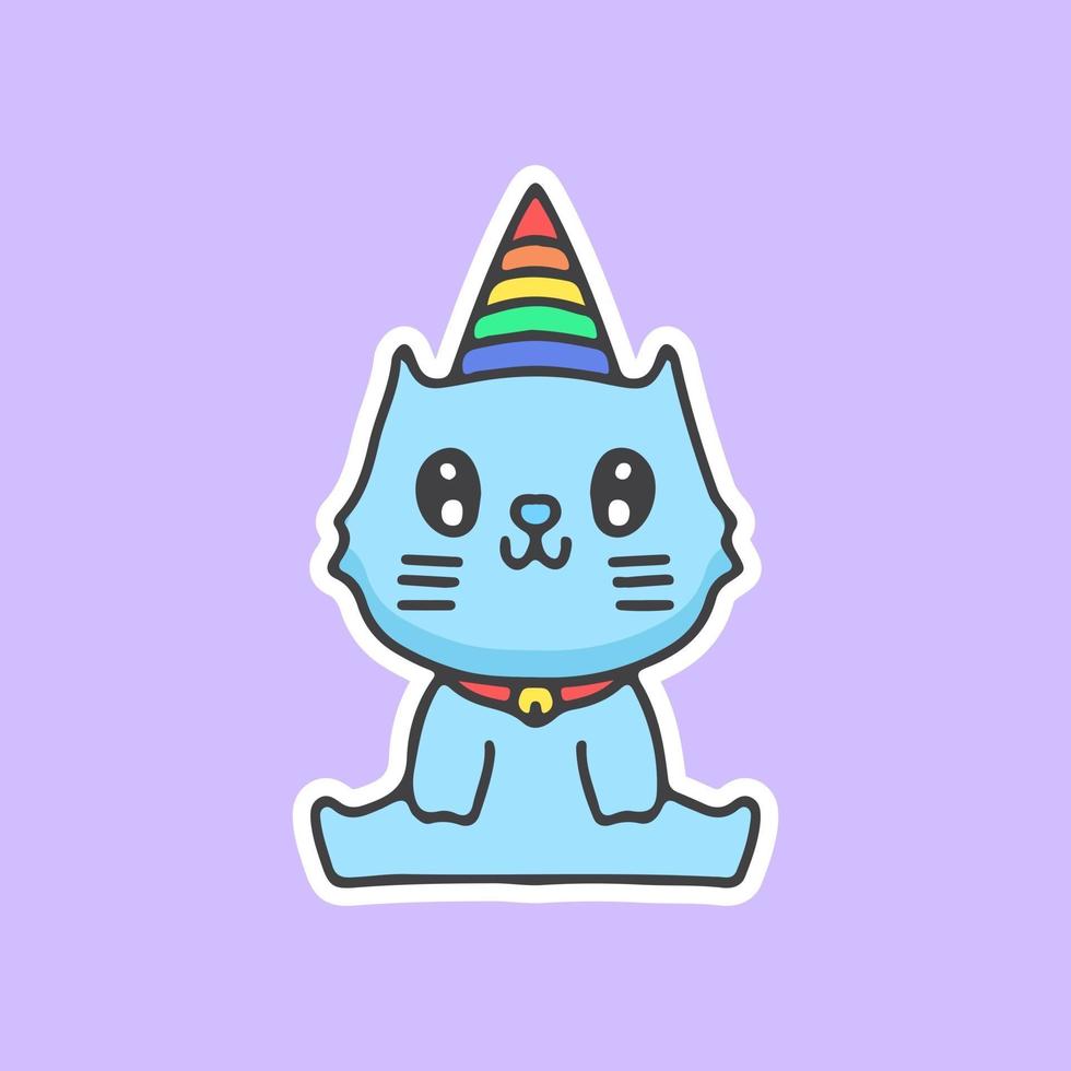 gato kawaii con cuerno de unicornio arcoiris. ilustración para pegatina vector