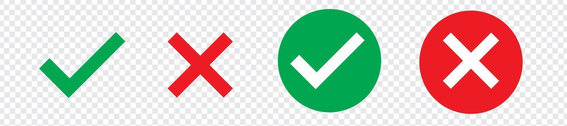 Green check mark, red cross mark icon set. Isolated tick symbols, vector