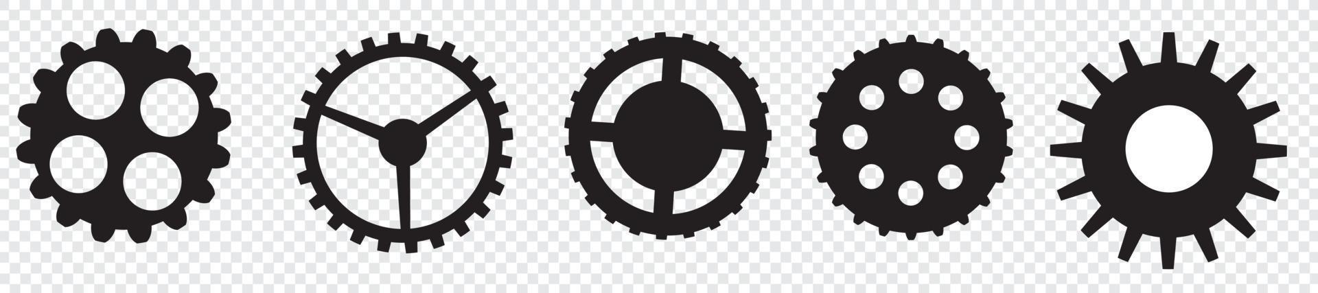 Gear setting vector icon set. Isolated black gears mechanism and cog