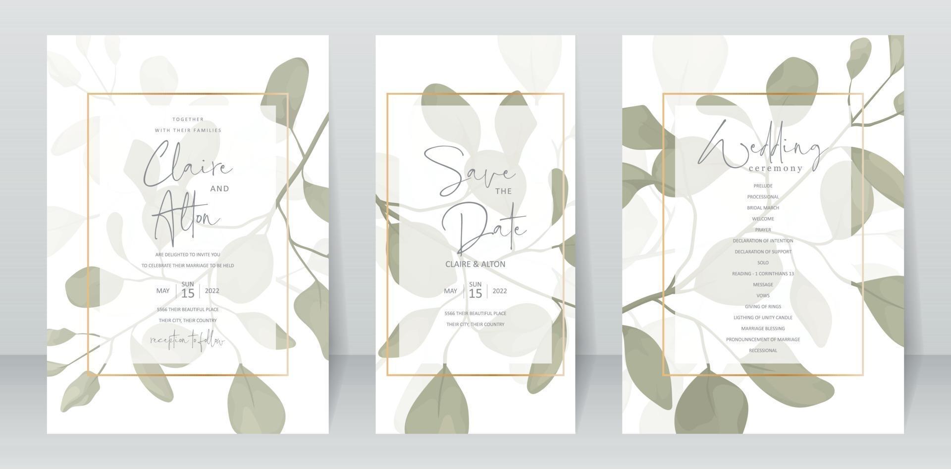 Wedding invitation template with green leaf design vector