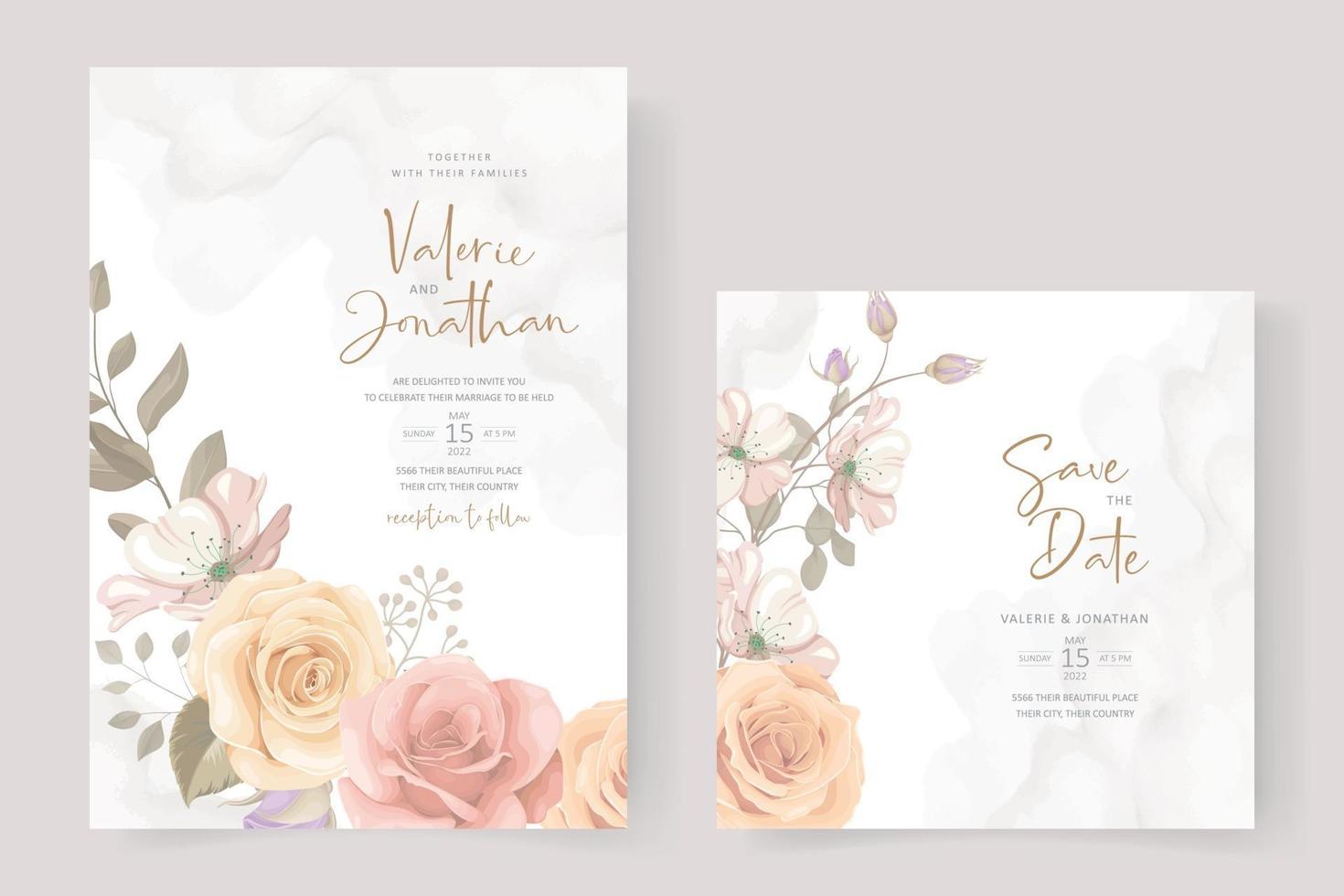 Wedding invitation card template with rose and leaf decoration vector