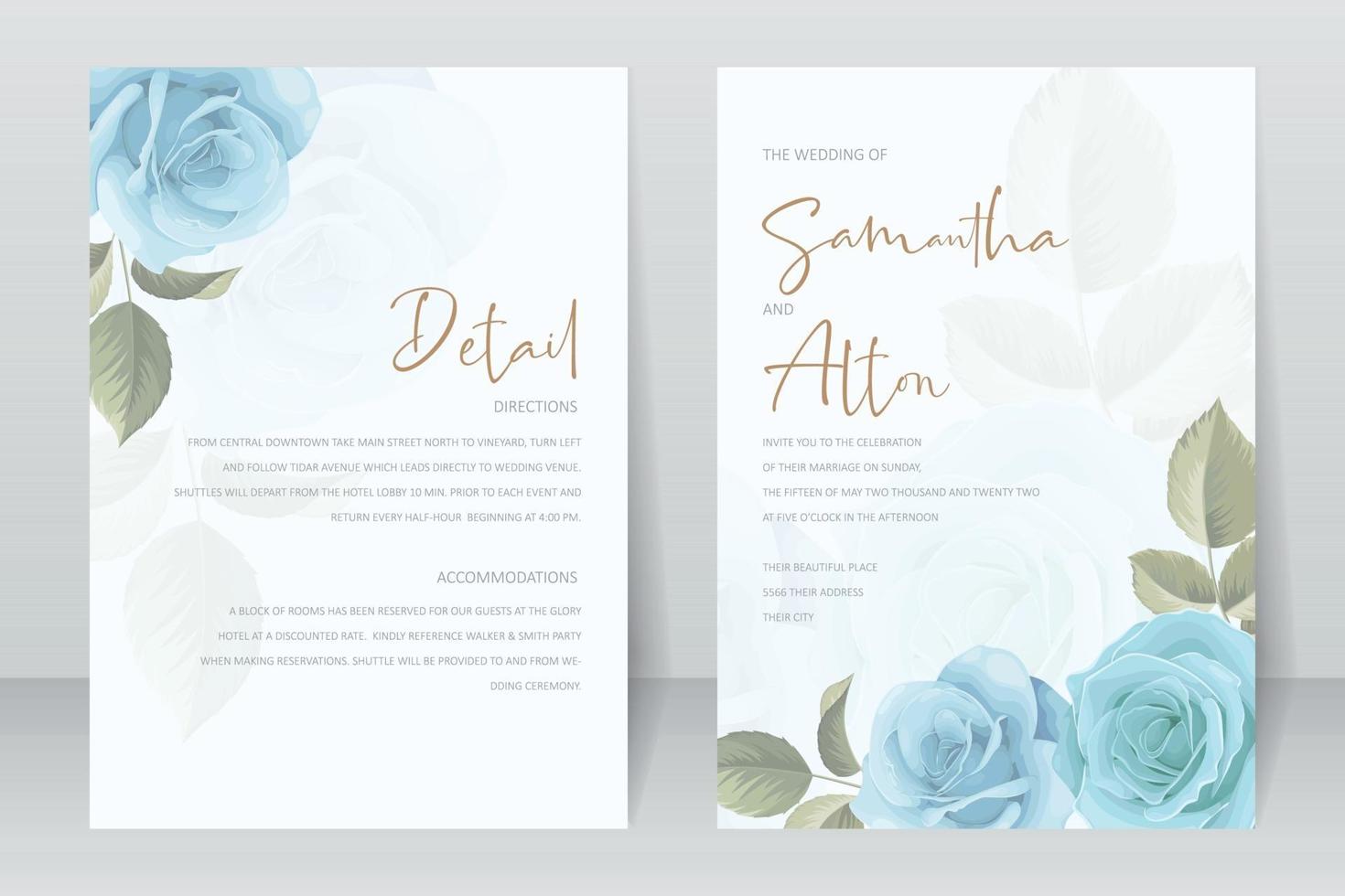 Plantilla de tarjeta de invitación de boda con decoración de rosas y hojas. vector