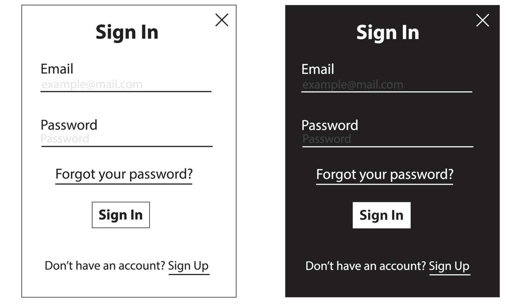 Log In form template set. Sign In with Facebook, Google, Apple. Isolated  login, sign in forms on white background. Website or App account connexion  page with email, passeword. UI vector Illustration. Stock