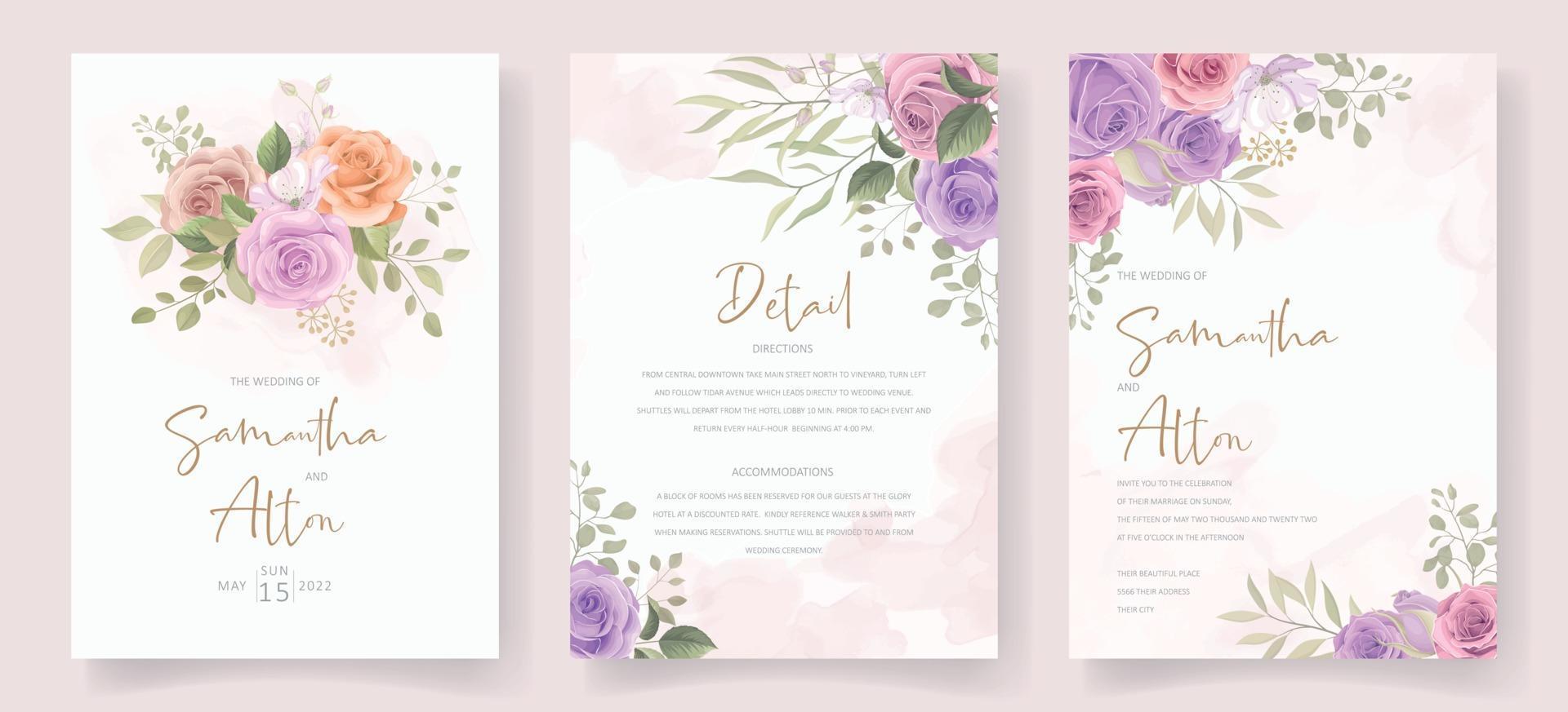 elegante plantilla de tarjeta de boda con adorno de rosa floreciente vector