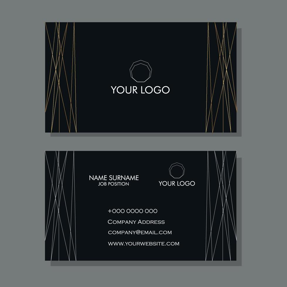 Black business card with white and gold line designs vector